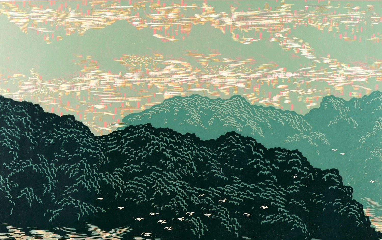 梁国富 山外青山楼外楼(绝版套色木刻,版数:47/50)