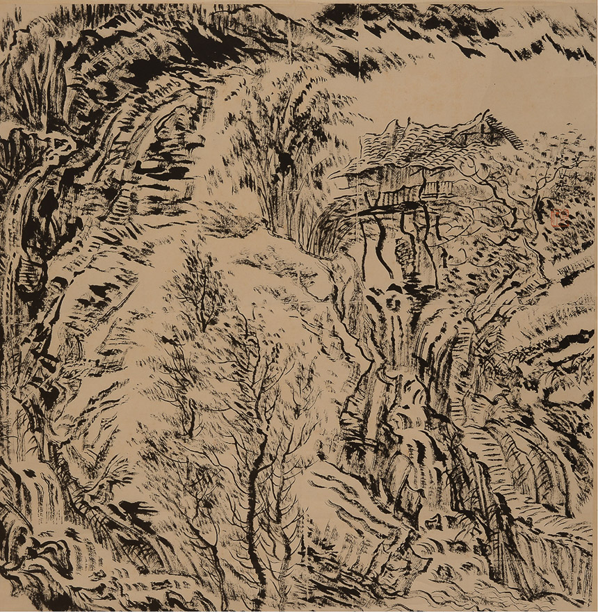 1991年中国著名画家张汀绘水墨山水画一件,纸本立轴 钤印:张汀